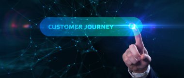 İş, teknoloji, internet ve ağ konsepti. Ofiste dizüstü bilgisayarı üzerinde çalışan genç işadamı, sanal ekrandan ikon müşteri seyahatini seçin.