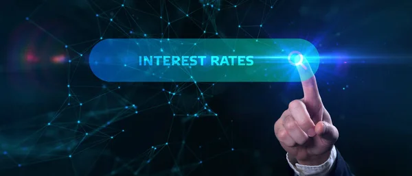 Businessman Presses Button Interest Rates Virtual Screens Business Technology Internet — Stock Photo, Image