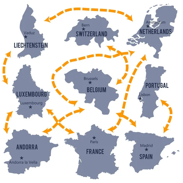 Векторная карта Люксембурга, Бельгии, Франции, Нидерландов, Португалии, Испании, Лихтенштейна, Андорры и Швейцарии на белом фоне . — стоковый вектор