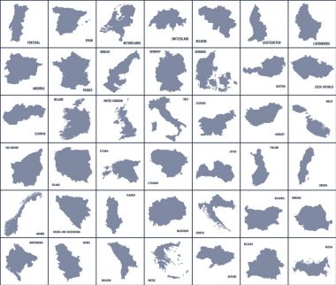 Beyaz arka plan üzerinde izole Avrupa ülkelerinin haritaların seti.