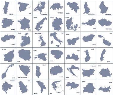 Set of maps of European countries isolated on white background. clipart