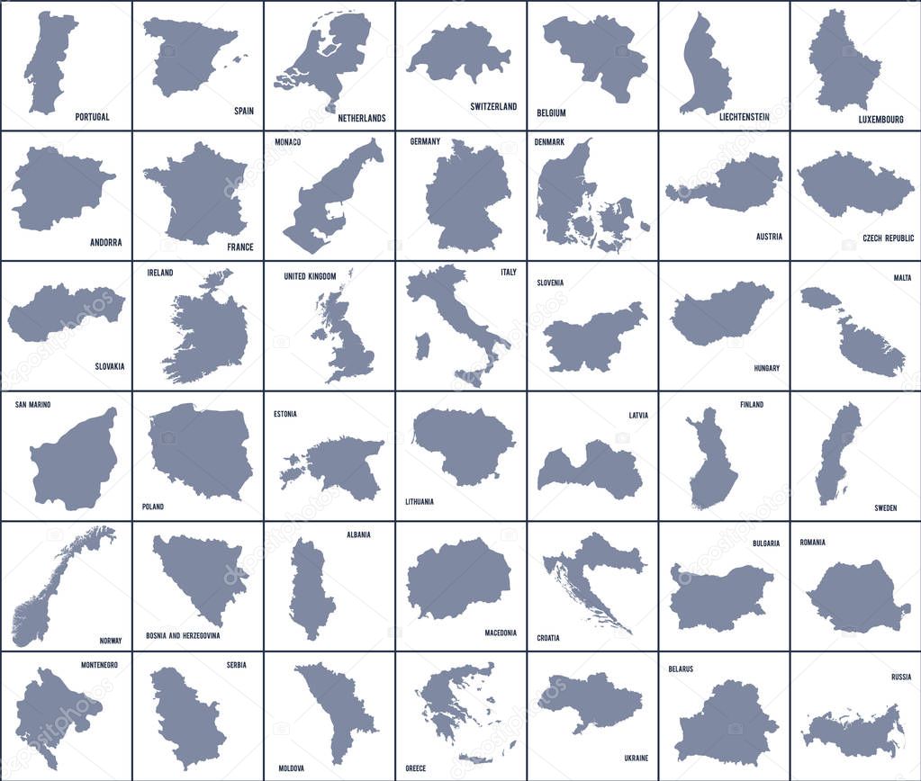 Set of maps of European countries isolated on white background.