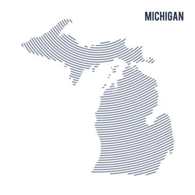 Vektör soyut taranmış Haritası, Michigan Eyaleti ile beyaz bir arka plan üzerinde izole eğri çizgiler.