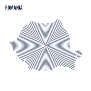 Vektör soyut taranmış Romanya haritası üzerinde beyaz bir arka plan izole spiral çizgili.