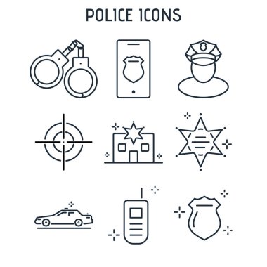 Polis doğrusal simgeler kümesi. Polis, kelepçeler, polis memuru ve diğerleri uygulama simgeleri.