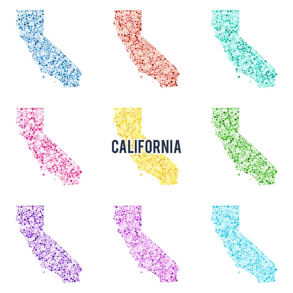 Vector Colorido Mapa Punteado Del Estado California Conjunto Diferentes Soluciones — Vector de stock