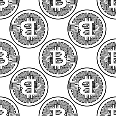 Vektör Lineer bitcoin çizim ile seamless modeli.