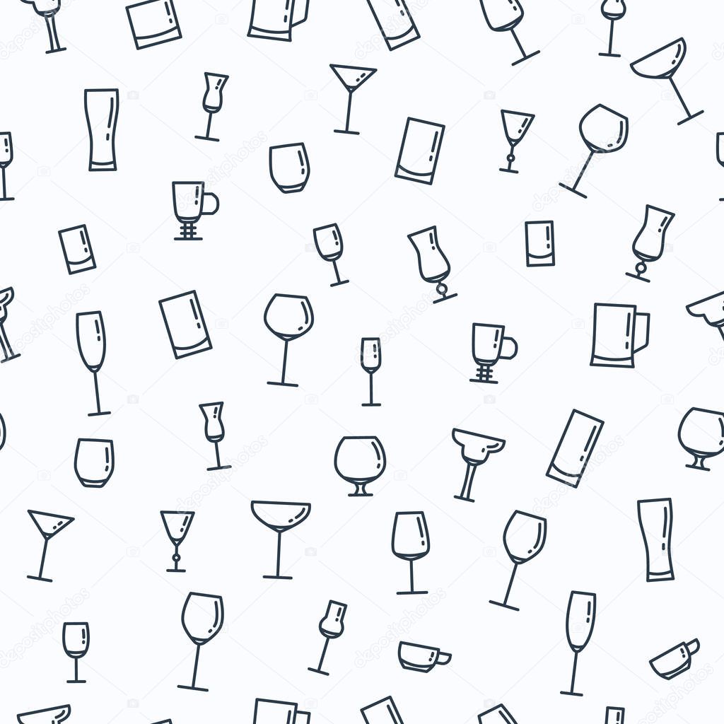 Seamless pattern with different glasses, wine glasses and cups. Can be used for textiles, wallpaper and wrapping paper.