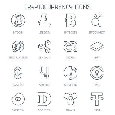 Beyaz arka plan üzerinde izole doğrusal cryptocurrency simgeleri.