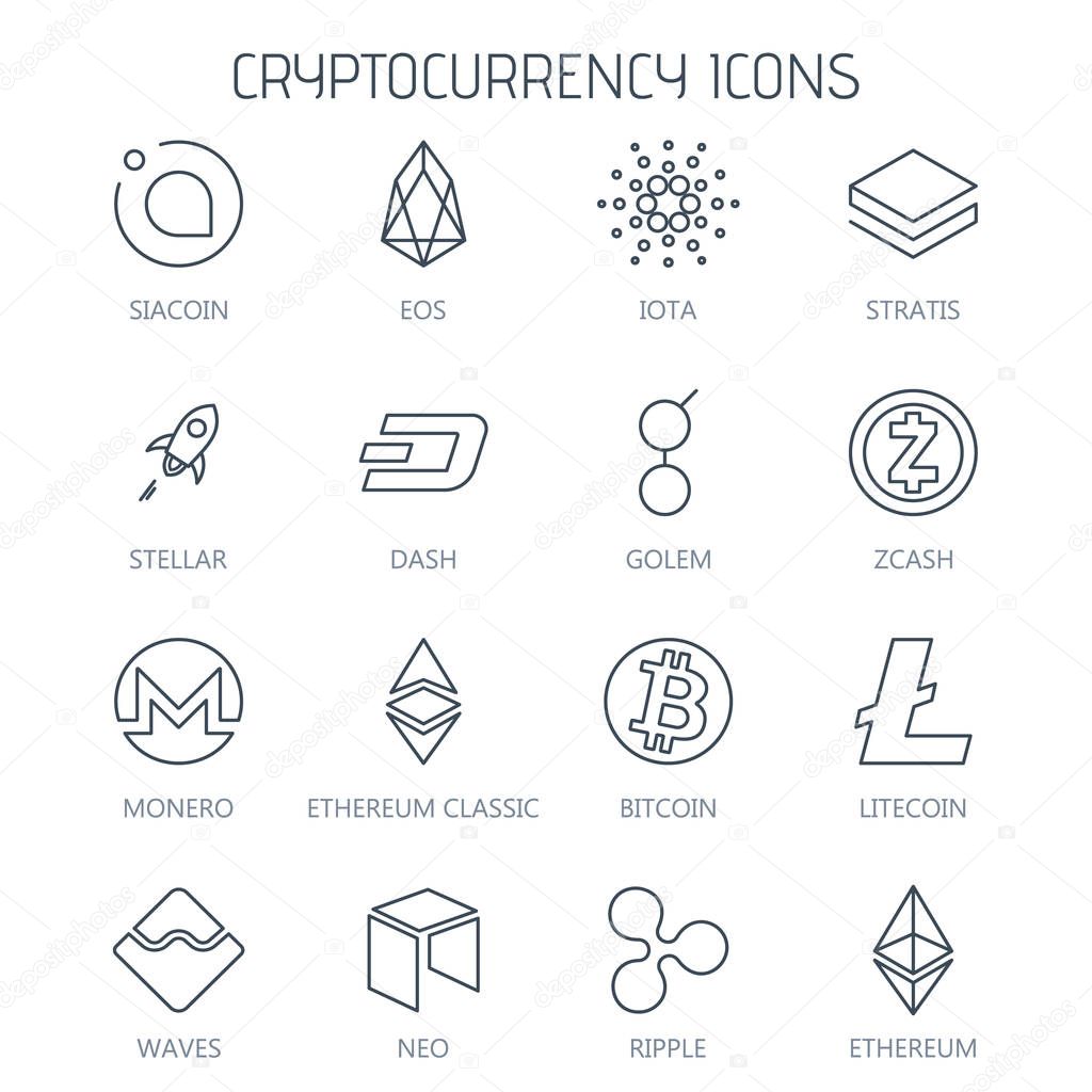Linear cryptocurrency icons isolated on white background.