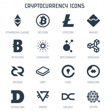 Beyaz arka plan üzerinde izole Cryptocurrency simgeler. Bitcoin Ethereum klasik Litecoin Bytecoin Cardano Bitconnect, Zencash Decred Lbry toplumsal Skincoin Dogecoin Prizm iyi Qtum dalgalar