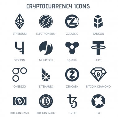Beyaz arka plan üzerinde izole Cryptocurrency simgeler. Bitcoin Ethereum Electroneum Zclassic Bancor Sibcoin Musicoin, Quark, kontrol, Omisego Bitshares Zcash Bitcoin elmas Bitcoin nakit Bitcoin altın Tezos