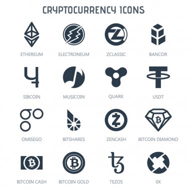 Cryptocurrency icons isolated on white background. Bitcoin Ethereum Electroneum Zclassic Bancor Sibcoin Musicoin, Quark, USDT, OmiseGo BitShares Zcash Bitcoin Diamond Bitcoin Cash Bitcoin Gold Tezos clipart
