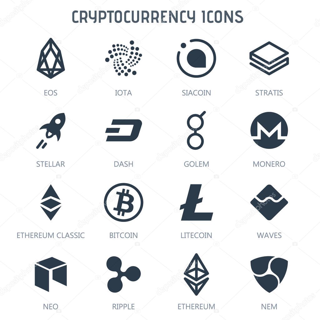 Cryptocurrency icons isolated on white background. Bitcoin EOS, Iota, Stratis, Stellar, Dash, Golem, Monero, Ethereum Classic Litecoin Waves NEO Ripple Ethereum NEM
