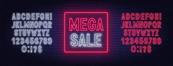 Mega的销售霓虹灯标志在黑暗的背景。 设计模板. — 图库矢量图片