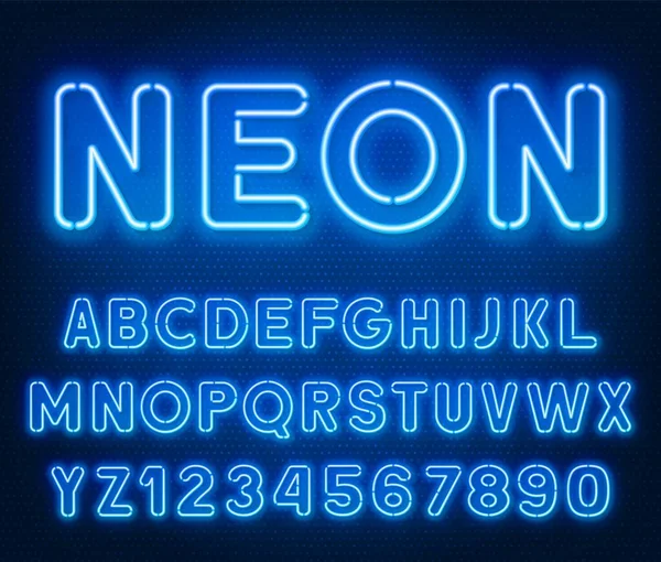 Polices arrondies bleu néon, alphabet lumineux avec chiffres . — Image vectorielle