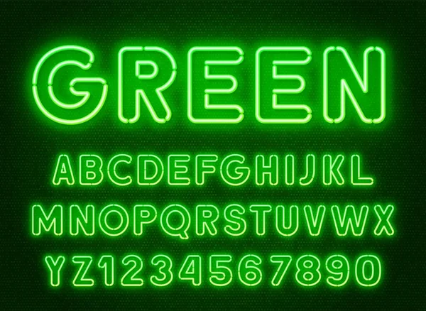 Polices vert arrondi néon, alphabet lumineux avec chiffres . — Image vectorielle