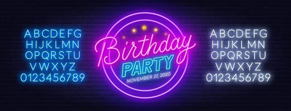 Neon sign birthday party on brick wall background. — Stock Vector