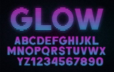 Koyu arkaplanda çizgili parlak harfler ve numaralar. Retro pembe-mavi önyüzü.