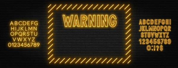 Warning neon sign on dark background. Template for design with fonts. — Stock Vector