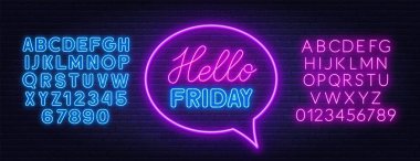 Merhaba Cuma neon harfleri tuğla duvar arka planında.