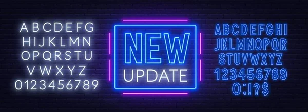 Nieuw update neon teken op donkere achtergrond. — Stockvector