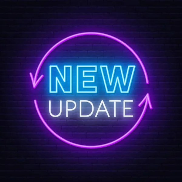Nieuw update neon teken op donkere achtergrond. — Stockvector