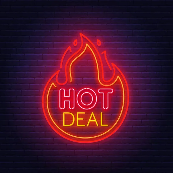 Hot deal neon segno su sfondo muro di mattoni . — Vettoriale Stock