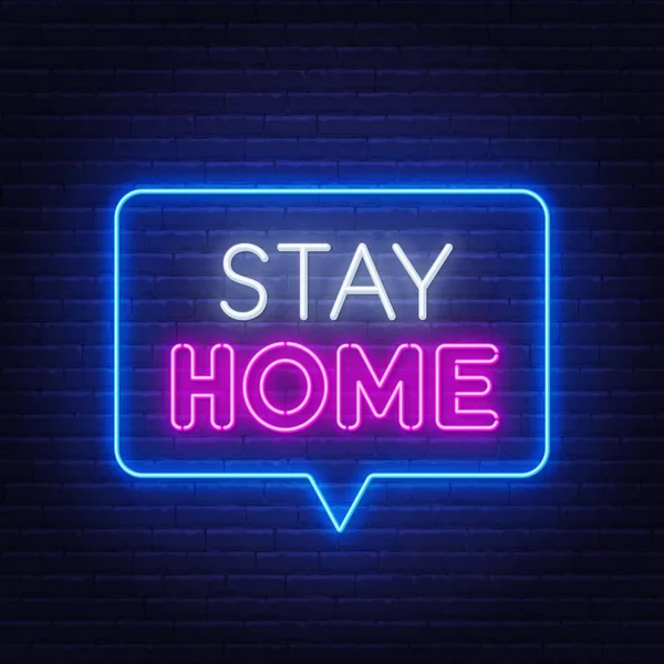 Bleiben Sie zu Hause Neon-Schriftzug auf einer Ziegelwand Hintergrund. — Stockvektor