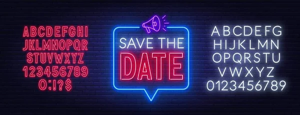 Save the date neon sign on brick wall background. — Stock Vector