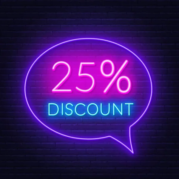 25 pour cent discount néon signe sur fond de mur de brique — Image vectorielle
