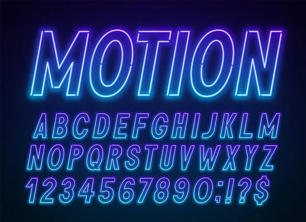 Neon blau lila Schrift, leichtes Alphabet mit Zahlen. — Stockvektor