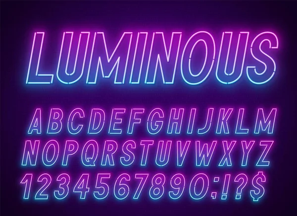 Neon niebieski różowy czcionka, jasny alfabet z liczbami. — Wektor stockowy