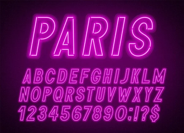 Neon-rosa Schrift, leichtes Alphabet mit Zahlen. — Stockvektor