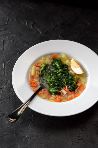 Edible wild herbs cooking. Vegetable soup with stinging nettle and boiled egg in white plate on black background copy space — Stock Image Edible Wild Herbs Cooking Vegetable Soup Stinging Nettle Boiled Egg Stock Picture