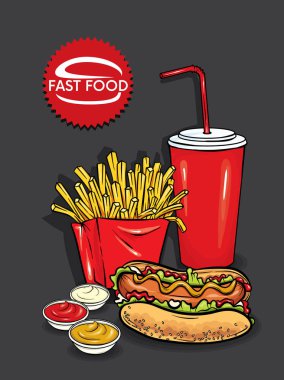 Patates kızartması, mayonez, ketçap, hardal, sosisli sandviç ve bir bardak soda. Gerçekçi illüstrasyon izole beyaz arka plan üzerinde. Bir kafe lokanta, Restoran veya poster menü için çizim vektör.