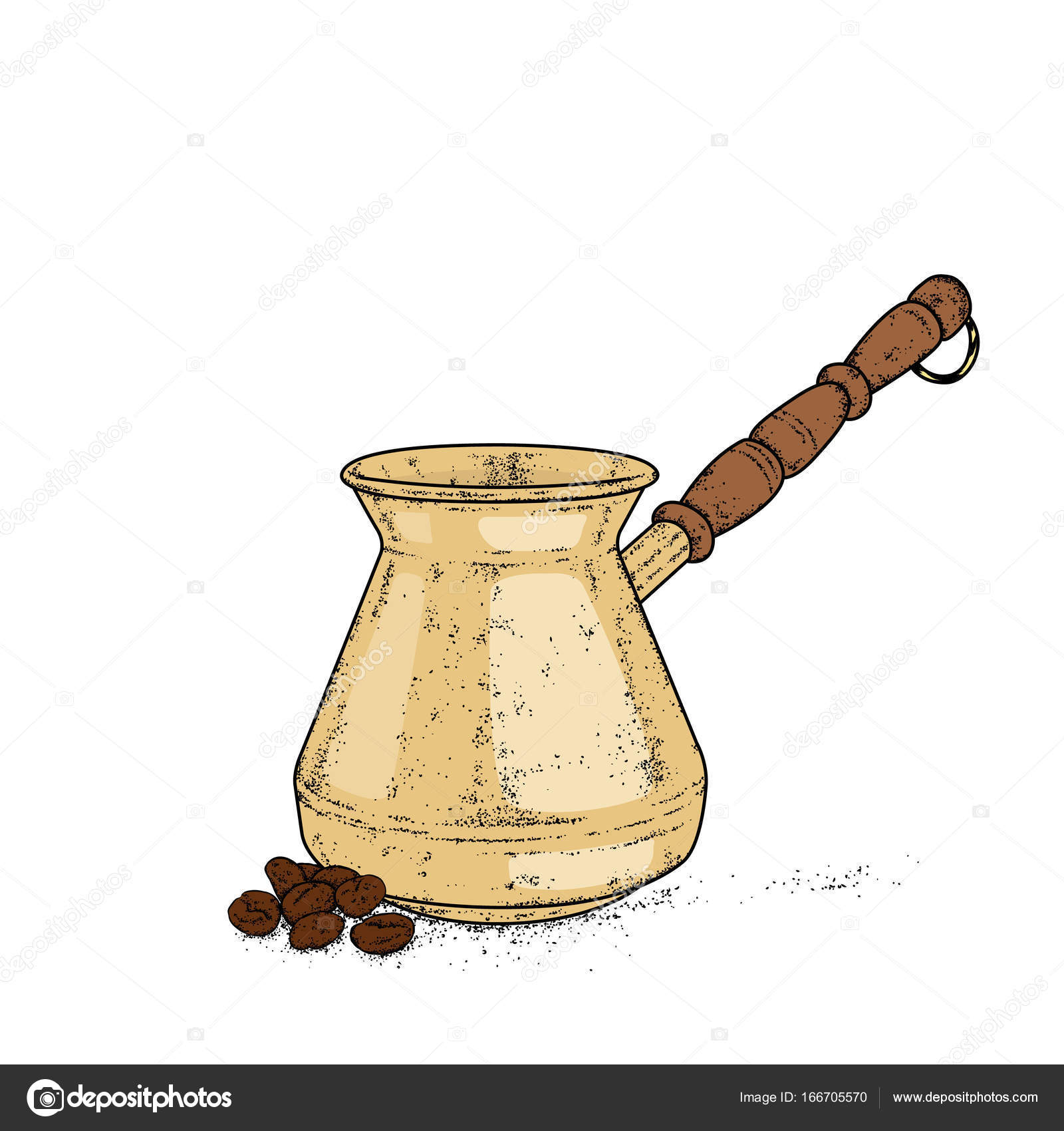 Vintage jezva for coffee. Turka with coffee. Dishes. Vector