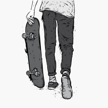 Kot pantolon ve spor ayakkabı giyen şık bir patenci. Kaykay mı? Bir kartpostal ya da poster için vektör çizimi, giysiler için baskı. Sokak kültürleri.