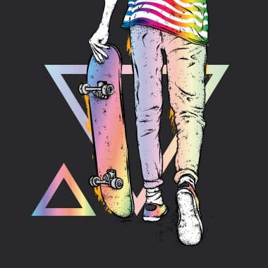 Kot pantolon ve spor ayakkabı giyen şık bir patenci. Kaykay mı? Bir kartpostal ya da poster için vektör çizimi, giysiler için baskı. Sokak kültürleri.