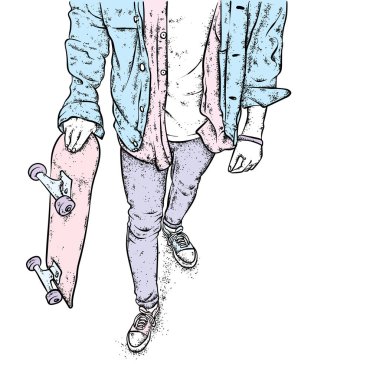 Kot pantolon ve spor ayakkabı giyen şık bir patenci. Kaykay mı? Bir kartpostal ya da poster için vektör çizimi, giysiler için baskı. Sokak kültürleri.