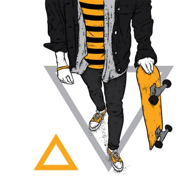 Kot pantolon ve spor ayakkabı giyen şık bir patenci. Kaykay mı? Bir kartpostal ya da poster için vektör çizimi, giysiler için baskı. Sokak kültürleri.