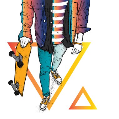 Kot pantolon ve spor ayakkabı giyen şık bir patenci. Kaykay mı? Bir kartpostal ya da poster için vektör çizimi, giysiler için baskı. Sokak kültürleri.