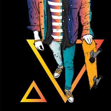 Kot pantolon ve spor ayakkabı giyen şık bir patenci. Kaykay mı? Bir kartpostal ya da poster için vektör çizimi, giysiler için baskı. Sokak kültürleri.