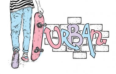 Kot pantolon ve spor ayakkabı giyen şık bir patenci. Kaykay mı? Bir kartpostal ya da poster için vektör çizimi, giysiler için baskı. Sokak kültürleri.