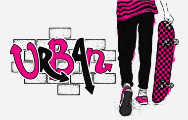 Kot pantolon ve spor ayakkabı giyen şık bir patenci. Kaykay mı? Bir kartpostal ya da poster için vektör çizimi, giysiler için baskı. Sokak kültürleri.