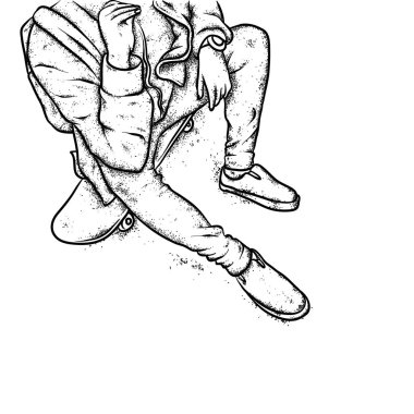 Kot pantolon ve spor ayakkabı giyen şık bir patenci. Kaykay mı? Bir kartpostal ya da poster için vektör çizimi, giysiler için baskı. Sokak kültürleri.