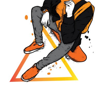 Kot pantolon ve spor ayakkabı giyen şık bir patenci. Kaykay mı? Bir kartpostal ya da poster için vektör çizimi, giysiler için baskı. Sokak kültürleri.