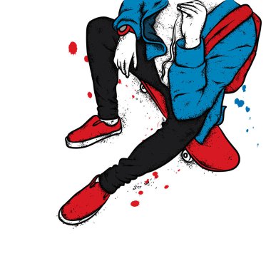 Kot pantolon ve spor ayakkabı giyen şık bir patenci. Kaykay mı? Bir kartpostal ya da poster için vektör çizimi, giysiler için baskı. Sokak kültürleri.