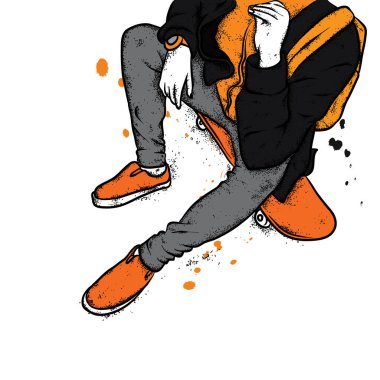 Kot pantolon ve spor ayakkabı giyen şık bir patenci. Kaykay mı? Bir kartpostal ya da poster için vektör çizimi, giysiler için baskı. Sokak kültürleri.