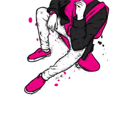 Kot pantolon ve spor ayakkabı giyen şık bir patenci. Kaykay mı? Bir kartpostal ya da poster için vektör çizimi, giysiler için baskı. Sokak kültürleri.